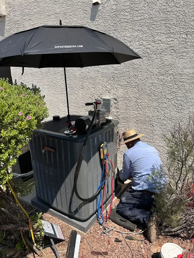 HVAC technician performing outdoor AC maintenance in Rosemont